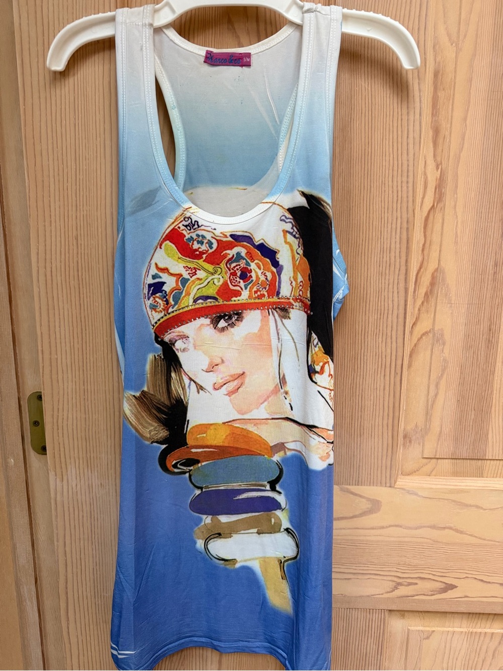 Vintage-Inspired Blue Graphic Tank Top with Illustrated Portrait